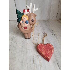 Reindeer wooden folk art figure heart ornament Xmas set